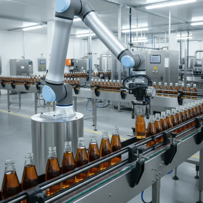 協作機械手臂在飲料生產線上執行高效能的瓶罐取放作業，透過精準的夾爪系統，能夠安全地從充填工站取起產品，並準確放置於下一個生產環節。這種自動化配置與 Rockwell Automation 的 PlantPAx 製程控制系統無縫整合，機械手臂根據即時生產狀態自動調整作業節奏，與輸送帶系統協調同步運作。系統可根據生產需求靈活切換不同飲料規格和容器尺寸，大幅提升生產線的柔性與產能利用率。透過減少人工搬運作業，不僅降低了工人疲勞與工傷風險，更能在 24 小時不間斷運作中保持穩定的品質標準。在多家全球飲料製造廠的實際應用中，協作機械手臂的導入協助工廠將生產線產能提升 30-40%，同時改善了員工的工作環境與安全性。​