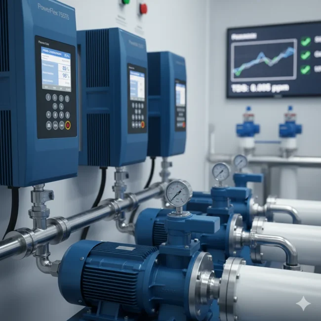 半導體製造過程中每片晶圓需要高達 4-5 立方米的超純水進行清洗、冷卻與製程支持，水質純淨度必須達到 99.99% 始能避免雜質影響製造精度。ABU 提供的超純水製造系統結合多層微濾系統（MMF）、超濾膜（UF）與逆滲透膜（RO）三段淨化技術，透過 FactoryTalk Optix 即時監控儀表板掌握各環節水質參數與設備狀態。ControlLogix 5580 控制器精確調節各膜組件的操作壓力與流速，PowerFlex 755TS 變頻驅動器驅動高壓泵以最佳能源效率運作。系統可同時追蹤多道過濾層的淨化效率，利用 AI 輔助預警機制預測膜組件堵塞情況，提前安排清洗作業，確保製程用水的穩定供應與品質一致性。