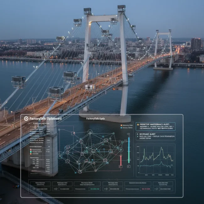 傳統基礎設施維護採用**反應式方法**——設施破壞後才進行修復，導致成本高昂（修復成本為計畫內維護的 4-7 倍）、停機時間長、安全風險大。美國平均每年有 25-35% 的基礎設施工作來自緊急維修。ABU 提供的**預測性維護方案**透過分散式 IoT 感測器與 Rockwell 控制系統進行實時結構健康監測。[4][5][6] 感測器類型包括：振動加速度計、應變規、溫度感測器、超音波傳感器、濕度計、水位計等。所有數據持續傳送至 ControlLogix 數據採集系統，FactoryTalk Optix 儀表板提供可視化展示，包括橋樑應力分析、振動模式、溫度變化、洪水風險預測等。**AI 驅動的分析引擎**識別結構退化的微妙跡象，預測故障可能性，時間精度達 60-180 天
